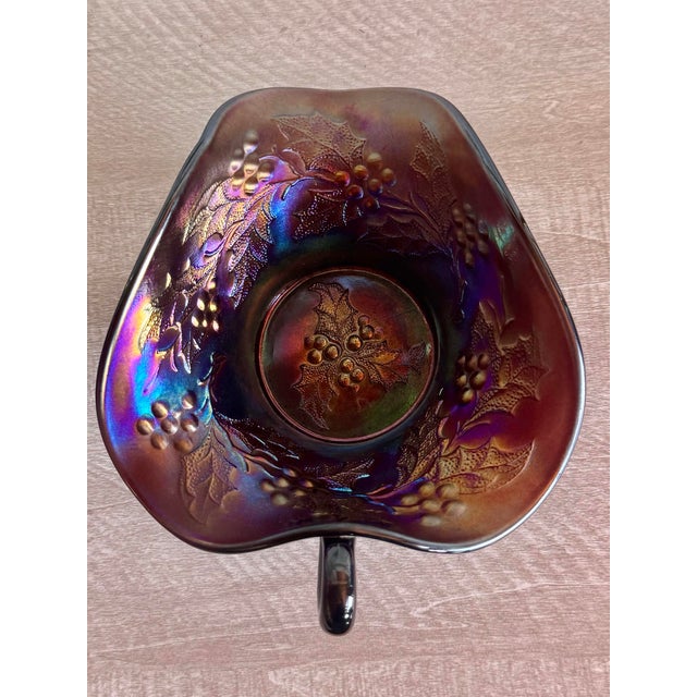Antique Dugan Amethyst Holly Berry Carnival Glass Gravy Boat For Sale - Image 6 of 8