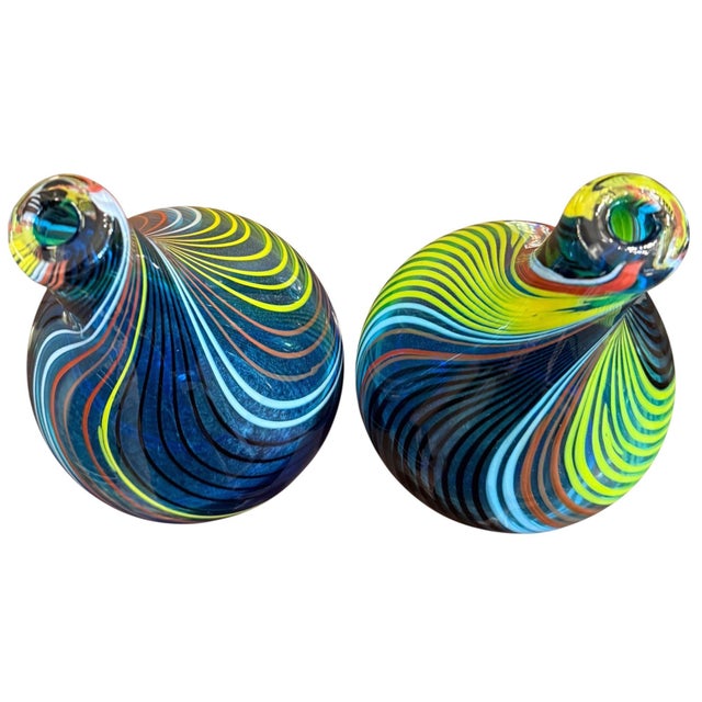 A vibrant pair of Murano art glass long-neck vases attributed to Fratelli Toso, Italy, dating to the mid-20th century....