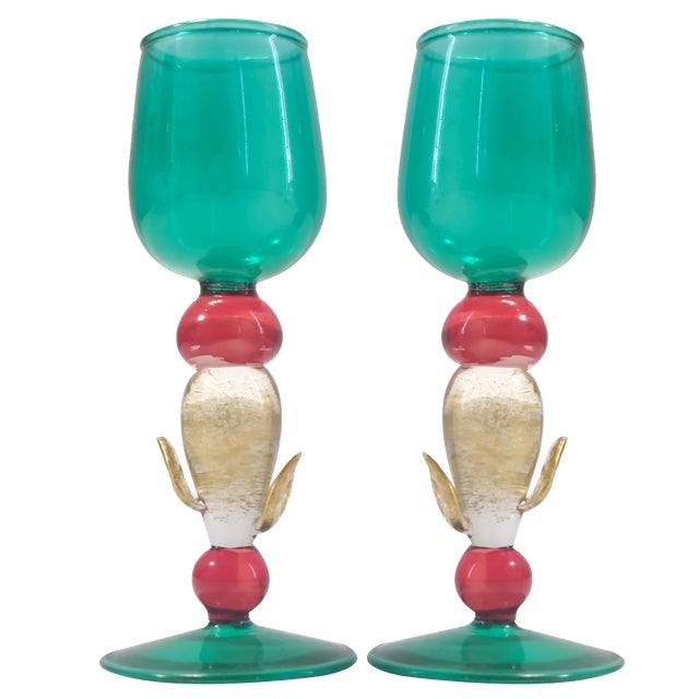 Postmodern Murano Teal, Red and Gold Liqueur Glasses attributed to Salviati, Italy, 1980s, Set of 2 For Sale