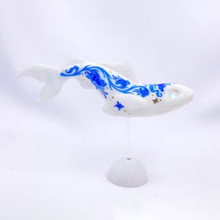 Delft Fish 5 by Nana Williams | Resin Cast, Acrylic Gouache Fish sculpture with blue designs For Sale