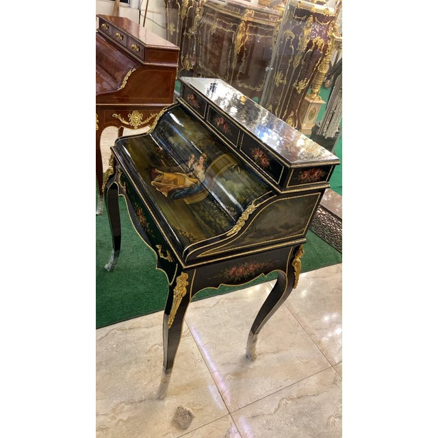1960s French Louis XV Secretary Desk Hand-Painted Mahogany Bureau Plat 6 drawers-Black For Sale - Image 9 of 9
