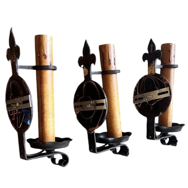 Set of 3 Forged Iron Single Candle Sconces in Original Paint Circa 1920 For Sale In Los Angeles - Image 6 of 6