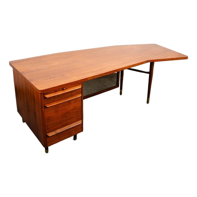 Mid Century Modern Desk Executive Office Stow Davis Boomerang Large Walnut MCM For Sale