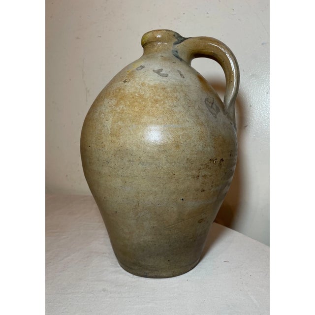 Antique 1800's Handmade Stoneware Salt Glazed Cobalt Pottery Jug Vase W/ Handle For Sale In New York - Image 6 of 11