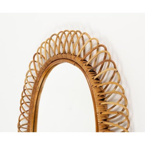 Wood Mid-Century Oval Rattan and Bamboo Wall Mirror attributed to Franco Albini, Italy, 1960s For Sale - Image 7 of 10