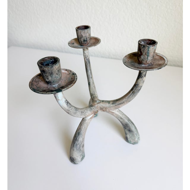 Brutalist Verdigris 3-Arm Candelabra For Sale - Image 11 of 12