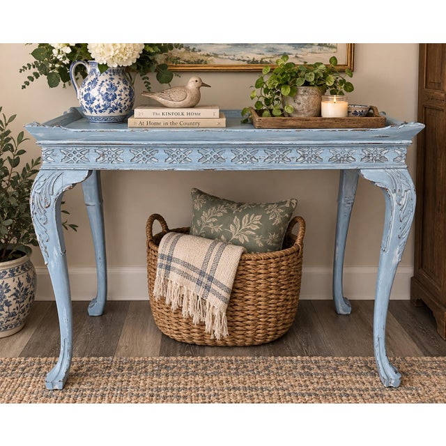 Antique Early 20th Century Blue French Country Carved Wood Rustic Console/Accent Table For Sale - Image 12 of 12