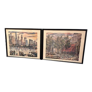 A Pair Vintage New York City 1964 Watercolor Art Prints by Jean-Marie Gallais For Sale