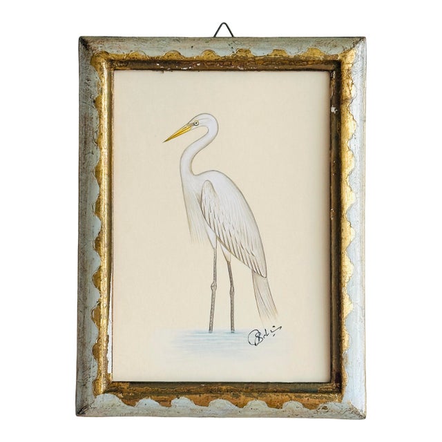 Hand-Painted White Heron Painting. Framed For Sale