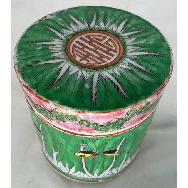 Antique Chinese Export Porcelain Famille Verte “Boc Choy Leaf” Pattern Canister With Lid. For Sale - Image 11 of 12