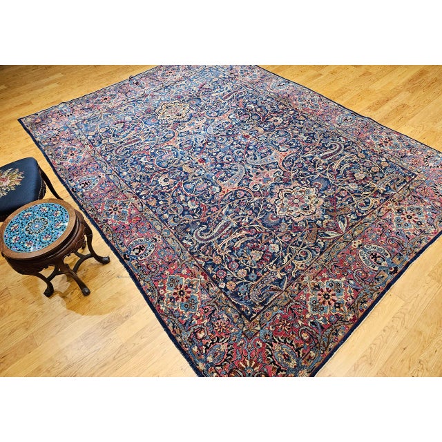 Vintage Persian Yazd Rug, Hand-Knotted Wool, Allover Floral Pattern, Navy & Red, 9x12 For Sale In Chicago - Image 6 of 18