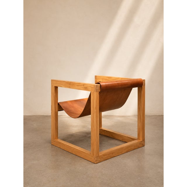 Handcrafted Suspended Leather Lounge Chair in Solid Wood For Sale - Image 4 of 5