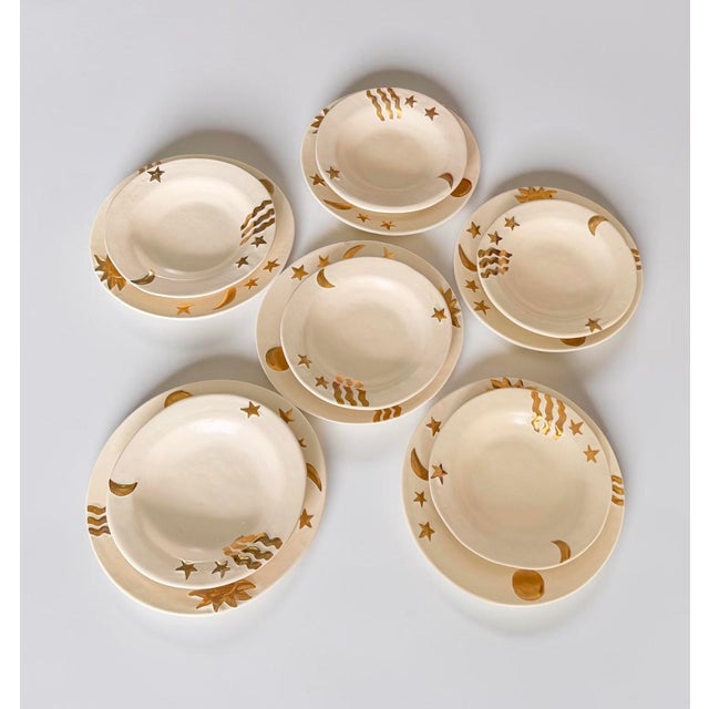 1980s Julie Sanders Cyclamen Pottery Celestial Gold Moon Stars Set of 6 Bowls & Plates (12 Pieces) For Sale - Image 4 of 12