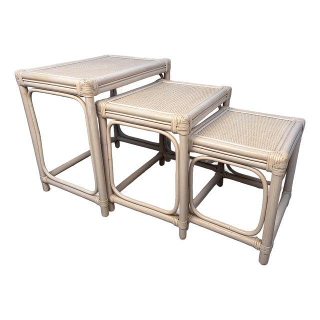 Vintage Set of Three Rattan and Cane Nesting Tables For Sale