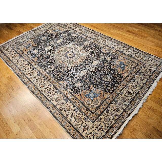 Vintage Persian Nain Area Rug, Hand-Knotted Wool & Silk, Floral Pattern, 9x13, Navy & Ivory For Sale - Image 9 of 18