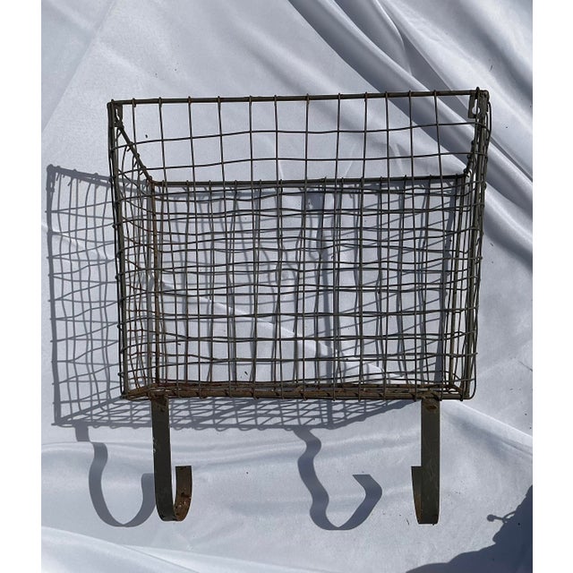 Brown 1930's Large Antique French Wirework Crimped Wire and Metal Wall Pocket Hanging Basket For Sale - Image 8 of 11