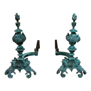 1940s Rococo Style Bronze Brass Iron Fireplace Andirons - a Pair For Sale