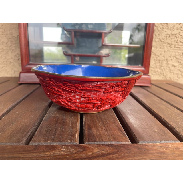 Mid Century Chinese Red Cinnabar Lacquerware & Brass Rim Scallup Landscape Bowl For Sale - Image 4 of 6