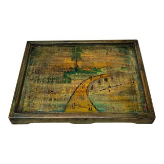 Chinese Painted River Landscape Tray, C. 1940 For Sale