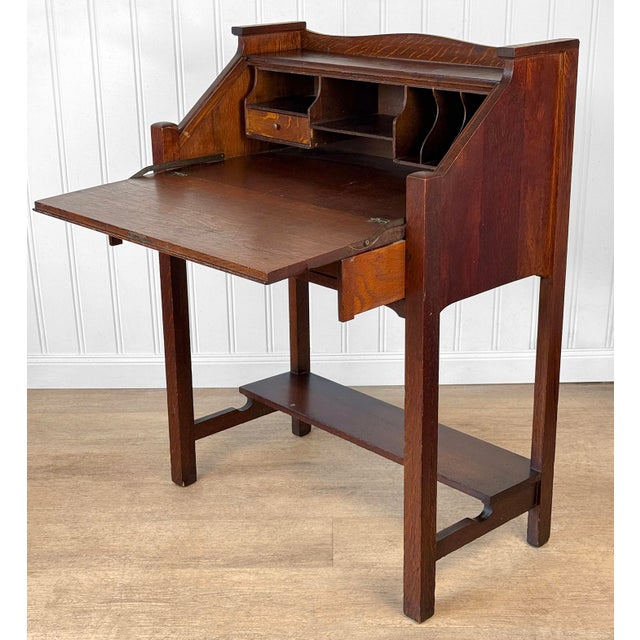 Antique Arts & Crafts Quartersawn Oak Drop Front Secretary Desk For Sale - Image 4 of 15