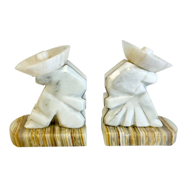 1970s Vintage Boho Chic Mexican Alabaster Hombre Bookends - A Pair. For Sale