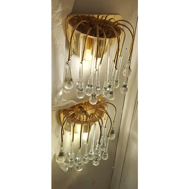 Vintage Wall Lamps with Gold-Plated Brass Brackets and Crystal Glass Drop Pendants, 1970s, Set of 2 For Sale - Image 4 of 9