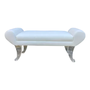 1970s White Linen Upholstered Bench with Lucite Legs