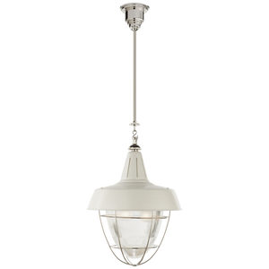 Thomas O'Brien for Visual Comfort Signature Henry Industrial Hanging Light in Polished Nickel & White Shade with Industrial Prismatic Glass