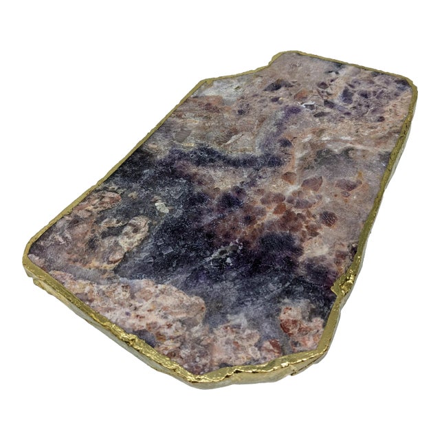 Early 21st Century Amethyst Slice Tray With Gold Electroplated Rim For Sale