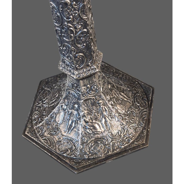 Metal Antique Ornate Victorian Pair Repousse Tavern Dutch Scene Silverplate Derby Candlesticks Marked For Sale - Image 7 of 12