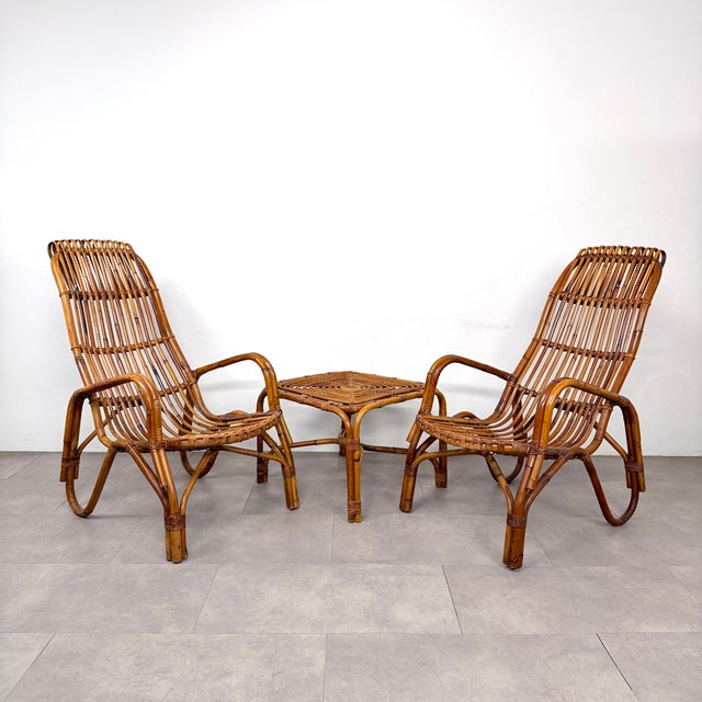 Mid-Century Modern Vintage Italian Chairs and Coffee Table in Wicker, 1970s, Set of 3 For Sale - Image 3 of 18
