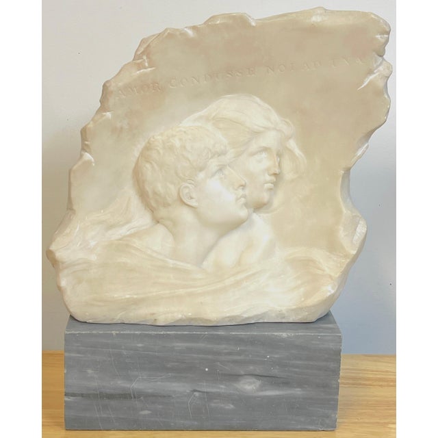 19th C. Italian Marble Relief of Romeo & Juliet, signed E. Fiaschi, late 19th–early 20th century, with gray marble base....