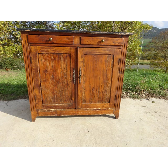 Very old Parisian sideboard, all solid wood, simple and straight, oak color. 2 cm thick pine top. Two drawers with solid...