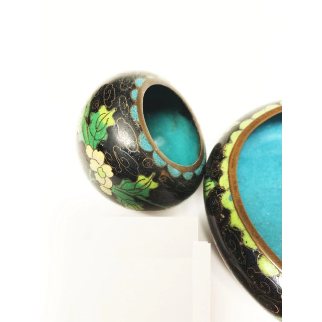Asian Antique Pair of Antique Black Floral Cloisonné Bowls Vessels, Marked China For Sale - Image 3 of 12