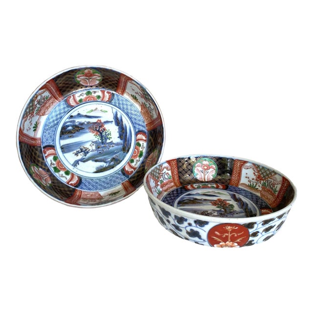 Mid 20th Century Antique Japanese Imari Porcelain Footed Rice Serving Bowl - Hand Painted With Blue Fuku Mark - Set of 2 For Sale