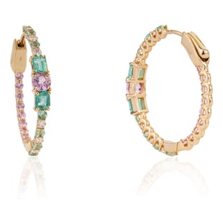 VRJewels 2.39ct Emerald Pink Sapphire & Diamond Snap Back Hoops in 18k Gold- 2 Pieces For Sale