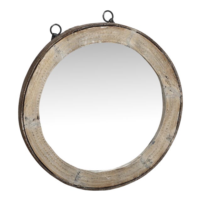 Antique Indian Bleached Teakwood “Wagon Wheel” Round Mirror For Sale