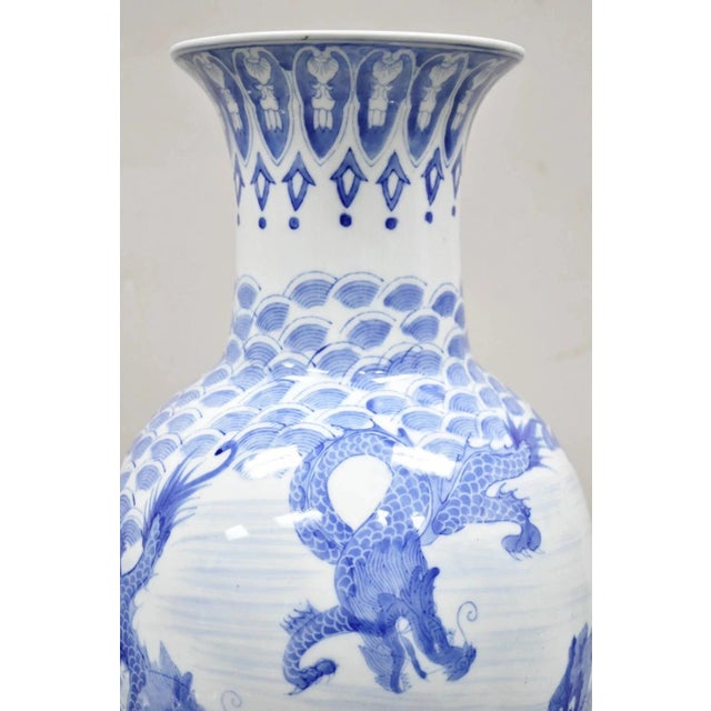 Mid 20th Century Vintage Chinese Export Delf Style Blue and White Porcelain 25" Tall Dragon Vase For Sale - Image 5 of 11