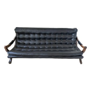 Vintage Mid Century 1950’s Black Vinyl Tufted Upholstered Lounge Sofa Couch For Sale