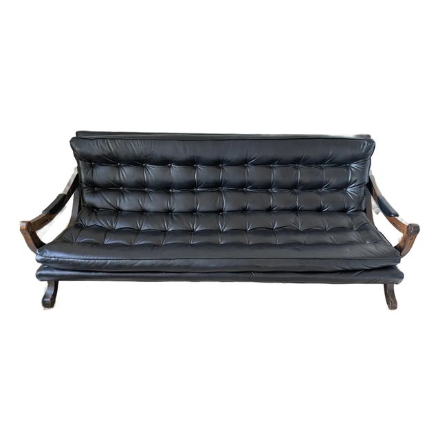 Vintage Mid Century 1950’s Black Vinyl Tufted Upholstered Lounge Sofa Couch For Sale