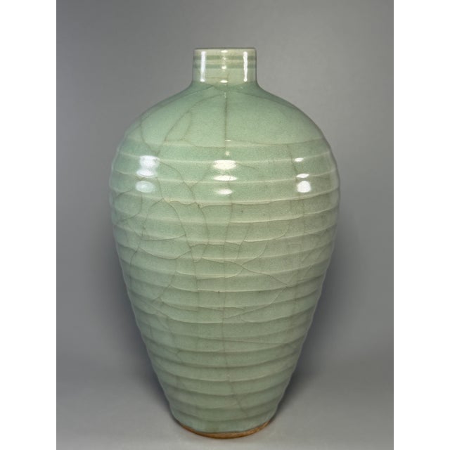 Chinese Antique Chinese Longquan Celadon Meiping Vase With Ribbed Body For Sale - Image 3 of 5