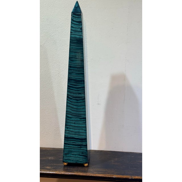 1960s Monumental Pair Faux Malachite Obelisks on Gold Ball Feet For Sale - Image 4 of 10