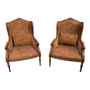Pair of Vintage Louis XVI Style Fruitwood Wing-Back Armchairs.