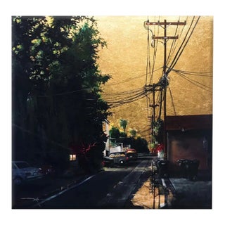 Original Realist Cityscape Mixed-Media Painting, "Behind the Garden-Redux" For Sale