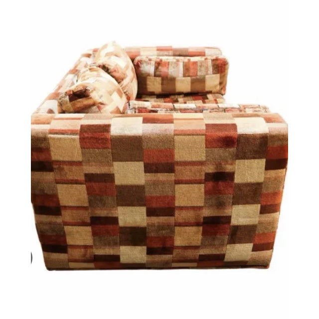 1970s 1970s Attributed to Jack Lenor Larson for Milo Baughman MCM Sofa - Orange Rust Cotton Velvet Patchwork For Sale - Image 5 of 6