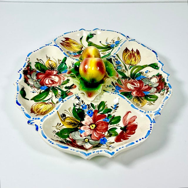 1960s Vintage Majolica Italian Nove Rose Boho Chic Oval Divided Serving Platter With Trompe L’Oeil Peaches Handle For Sale - Image 11 of 14