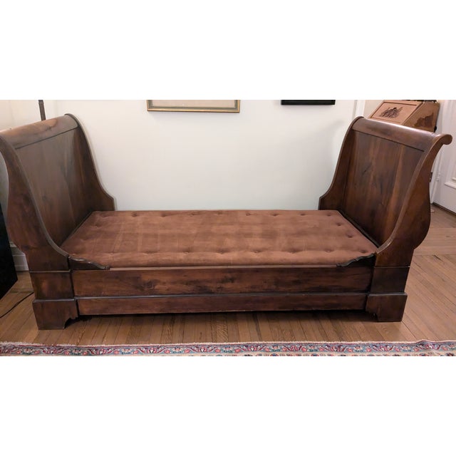 French 19th Century French Sleigh Bed Complete With Custom Velveteen Mattress, Back & End Pillows For Sale - Image 3 of 13