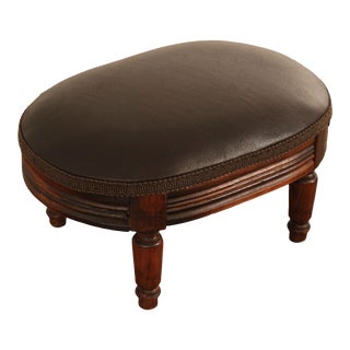 Antique French Victorian Style Oak and Brown Leather Foot Stool For Sale