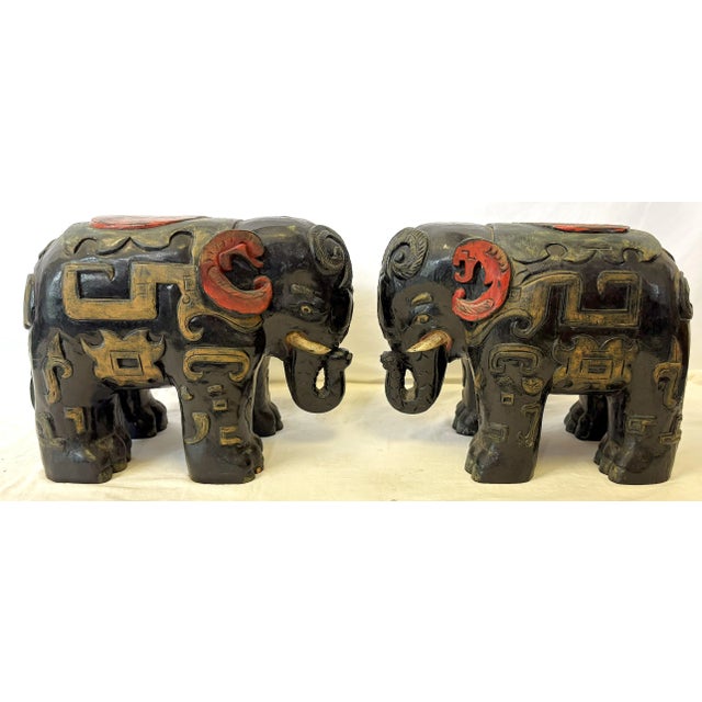 Vintage Solid Wood Painted African Elephant Stools- A Pair For Sale In West Palm - Image 6 of 15