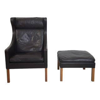Set of Wing Chair with Ottoman in Black Leather by Børge Mogensen, 1990s For Sale